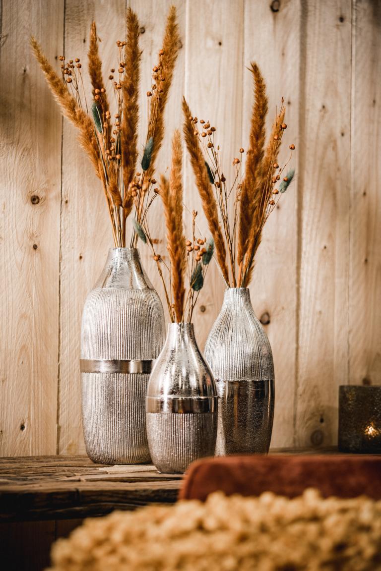 Moderne Vasen 3er Set aus Metall in der Farbe Silber