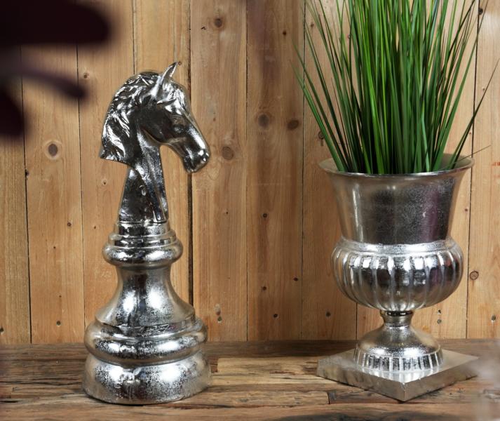 Schachfigur XXL Deko Springer Pferd aus Aluminium in Silber