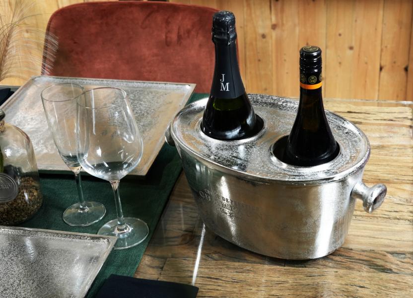 Flaschenkühler in Silber aus Aluminium für 2 Flaschen Wein, Sekt oder Lillet