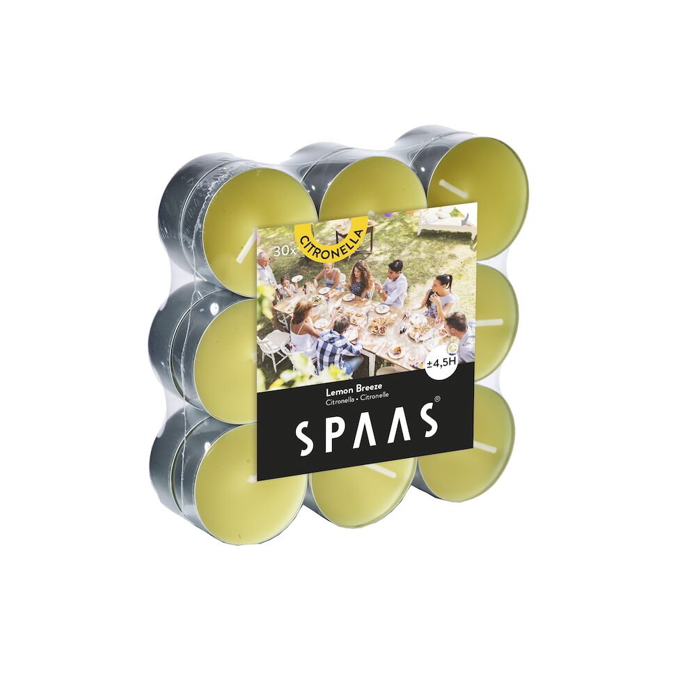 Spaas_5411708179083_0338108-149_ProductPhoto_HRes_ListSearch_1 Teelichter Duft Citronella Lemon Breeze 18 Stück 4,5 h