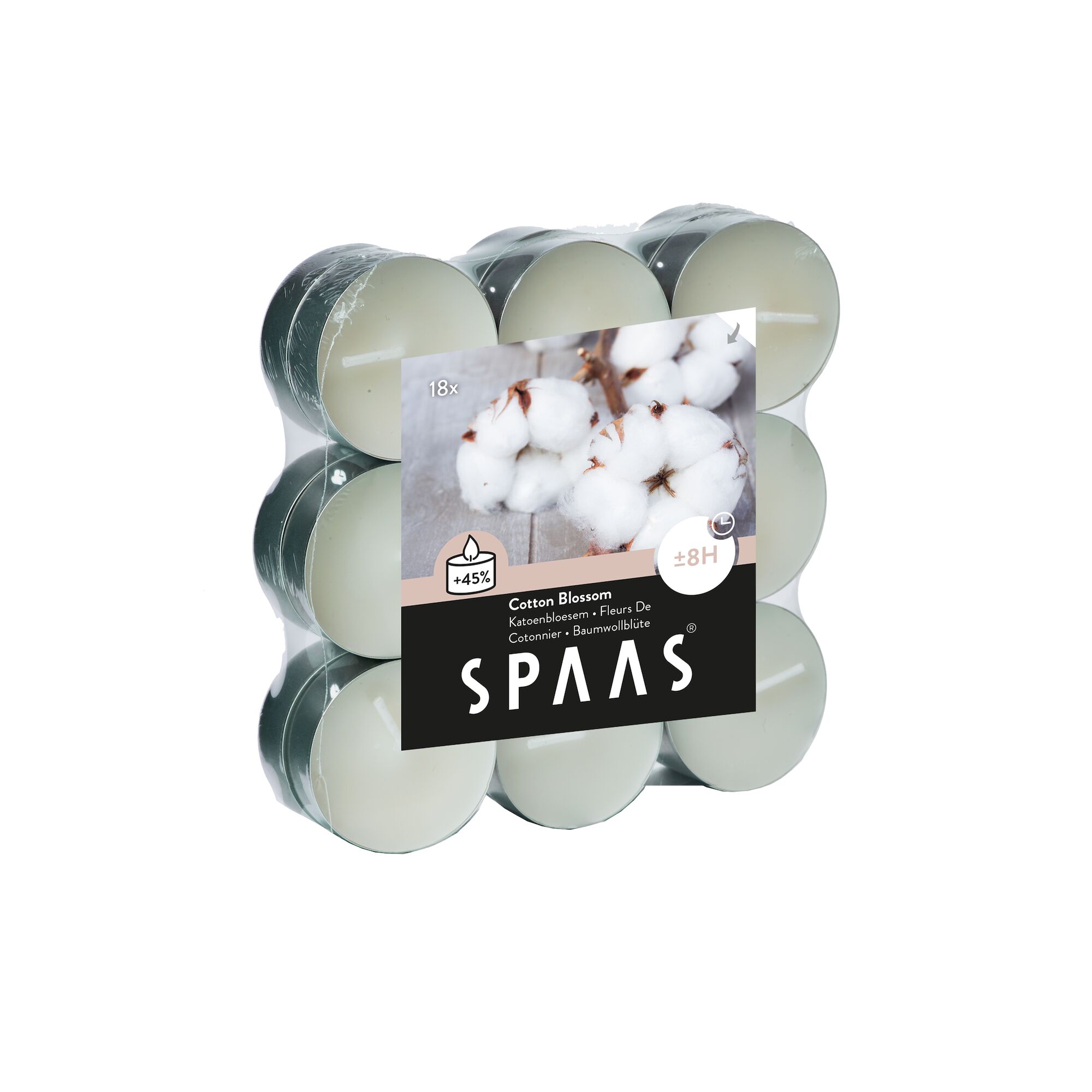 Spaas_5411708180812_0338109-473_ProductPhoto_HRes_ListSearch_2 Teelichter Baumwollblüte 18 Stück