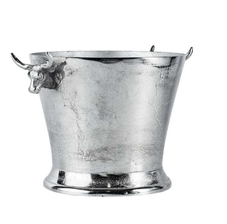 K-hler-Stier-2 Flaschenkühler Silber aus Metall mit Stierkopf